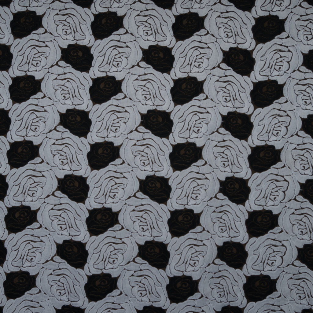 Klauber Black & White Raised Rose Floral Lace Fabric – 39032 XA